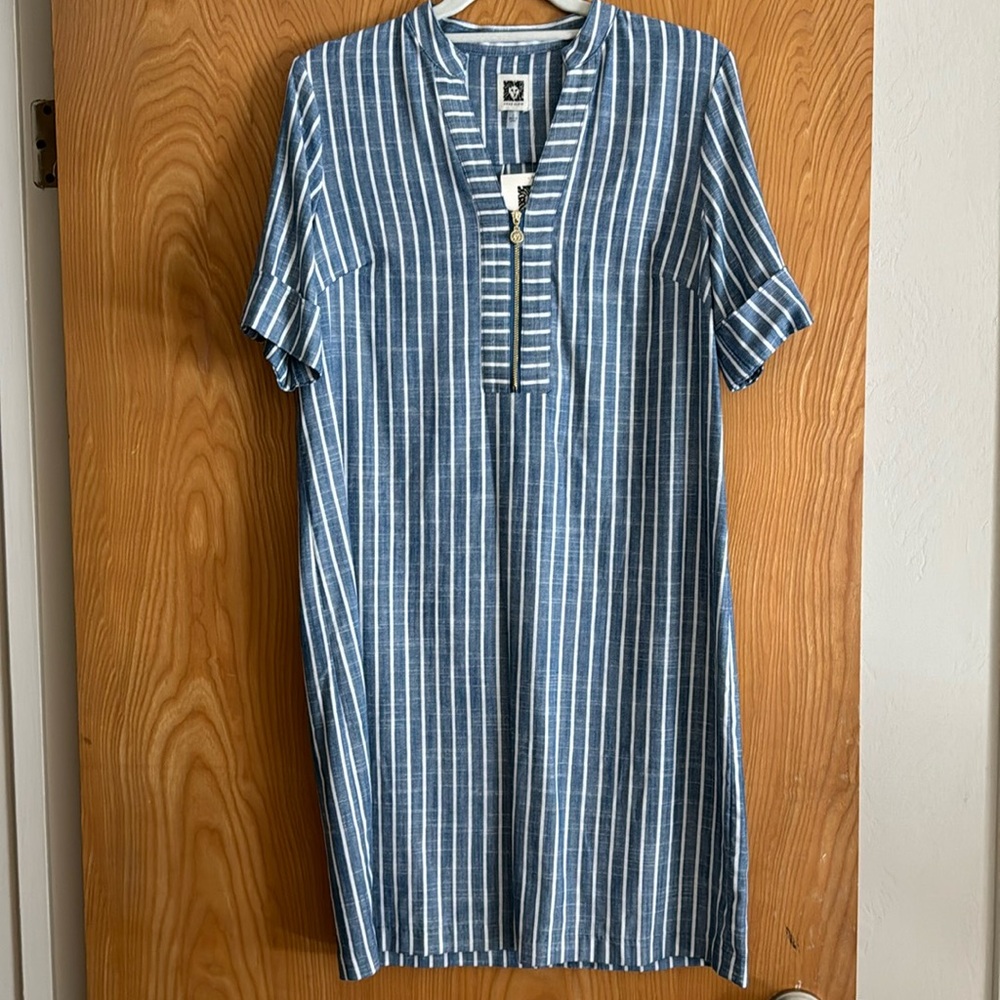 NWT - Anne Klein Striped Shirtdress with Cuffs, blue/white, size 4